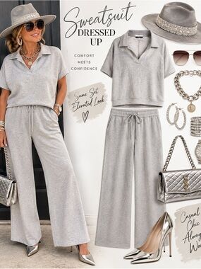 Scarlett Cream Short-Sleeve Polo Top and Matching Pants Set